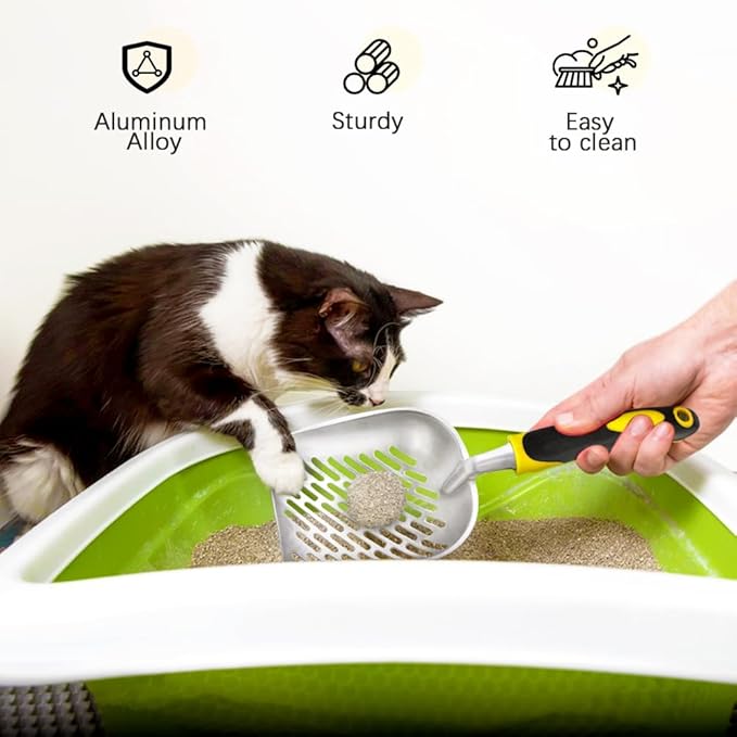 Apidgrowth Cat Litter Scoop-Metal Cat Scooper-Long Handle Scoop,Cat Scooper-Poop Sifting-Mesh Shovel-Suitable for Cat Litter Box, (Yellow)