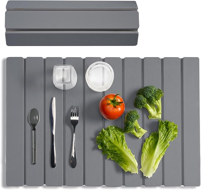 Meowoo Stone Drying Mat for Kitchen Counter, 23.6"x15.3" Foldable Diatomaceous Earth Mat, Super Absorbent, Quick-Dry Bath & Kitchen Pad for Dishes, Cups, Non-Slip, Fits Any Countertop - Dark Gray