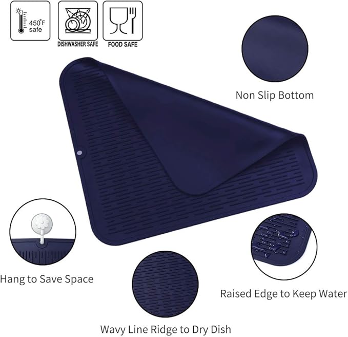 MicoYang Silicone Dish Drying Mat for Multiple Usage,Easy clean,Eco-friendly,Heat-resistant Silicone Mat for Kitchen Counter or Sink,Refrigerator or Drawer Liner Navy Blue 2XL 24 inches x 18 inches