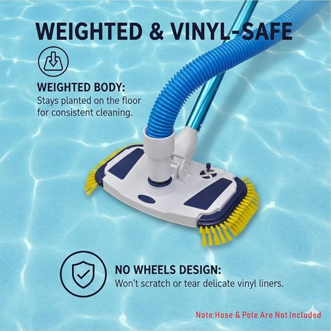 Weighted Pool Vacuum Head, Vinyl-Safe No Wheels Manual Cleaner with Air Relief Valves，Multi-Directional Brushes for Above Ground & Inground Pools, Universal Fit for 1-1/4" & 1-1/2" Hoses