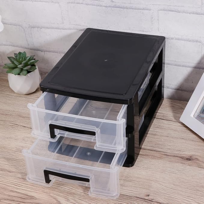 Tofficu Plastic Storage 2 Drawer Storage Tower Multifunctional Storage Cabinet with Clear Drawers Storage Case Organizer for Craft Stationary (2 Layers Black)