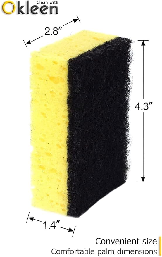 Okleen Yellow Multi Use Scrub Sponge. Made in Europe. 9 Pack, 4.3x2.8x1.4 inches. Odorless Heavy Duty and Non Scratch Fiber. Durable and Delicate Scrubber for Hard Dirty Surfaces in Daily Cleaning