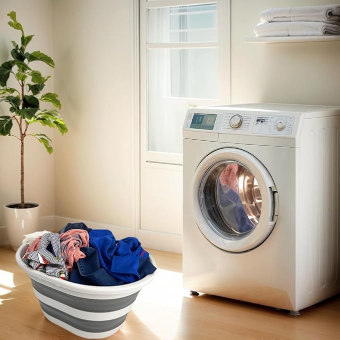 SAMMART 22L (5.8 Gallons) Collapsible Plastic Laundry Basket-Oval Bin/Foldable Storage Container/Pop Up Organizer-Portable Washing Tub-Space Saving Laundry Hamper (1, Grey/Steel Grey)