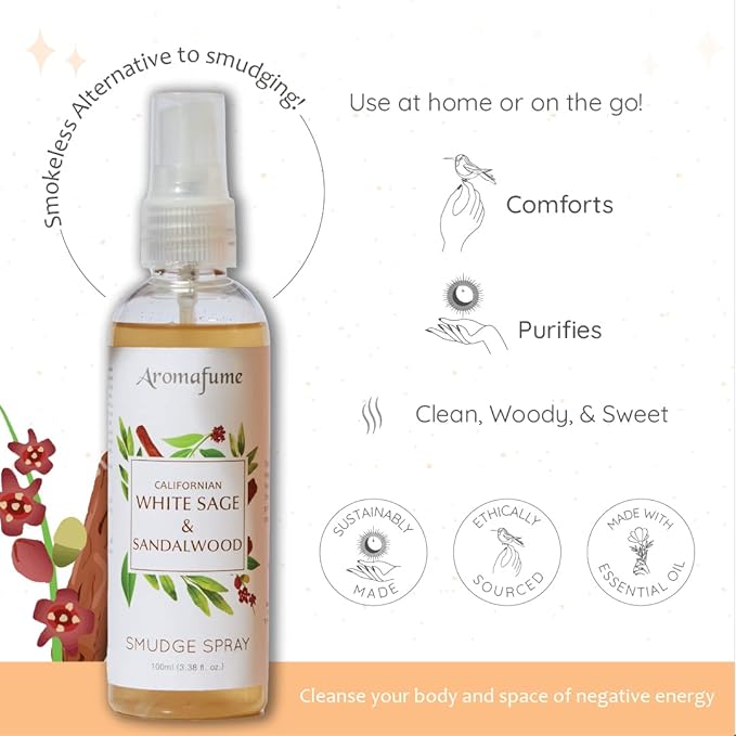 White Sage & Sandalwood Smudge Spray by Aromafume | 100ml/3.3 oz | Sage Spray for Cleansing Negative Energy & Protection | Non-Toxic | Room Spray for Spiritual Cleansing, Smokeless Sage Smudging