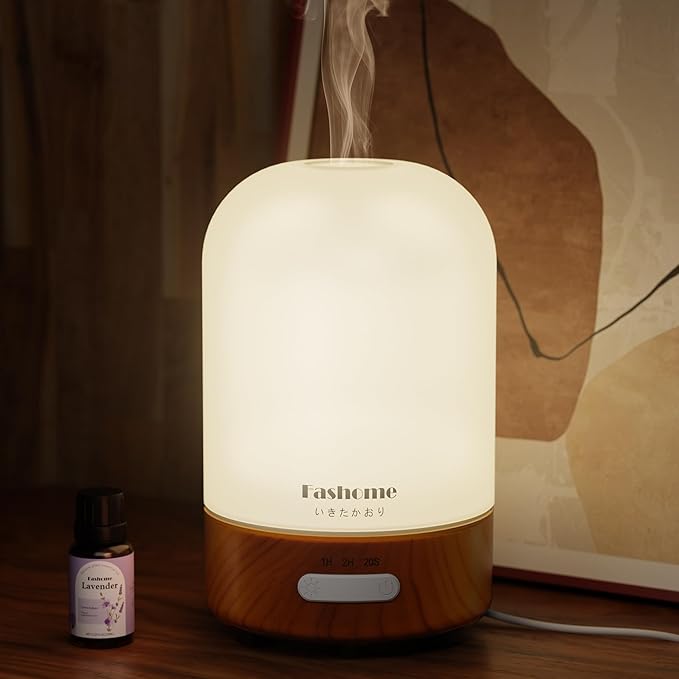 Essential Oil Diffuser Hand Blown Glass, 100ml Small Aromatherapy Diffuser, Auto Shut-Off Function, Ultrasonic Diffusers for Essential Oils, Cool Mist Humidifier with Warm White Lights（White）