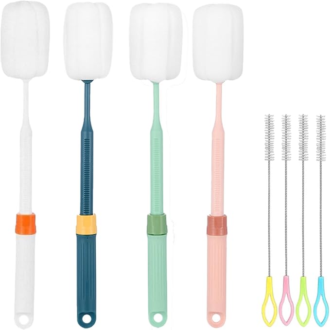 Dishwashing Foam Sponges Brush Telescopic Long Handle Scrubbing Brushes for Clean Dishes, Sinks,Cookware,Coffee Glasses Pot Milk Cup Mugs Wine Bottle (4pcs+4straw Brush)