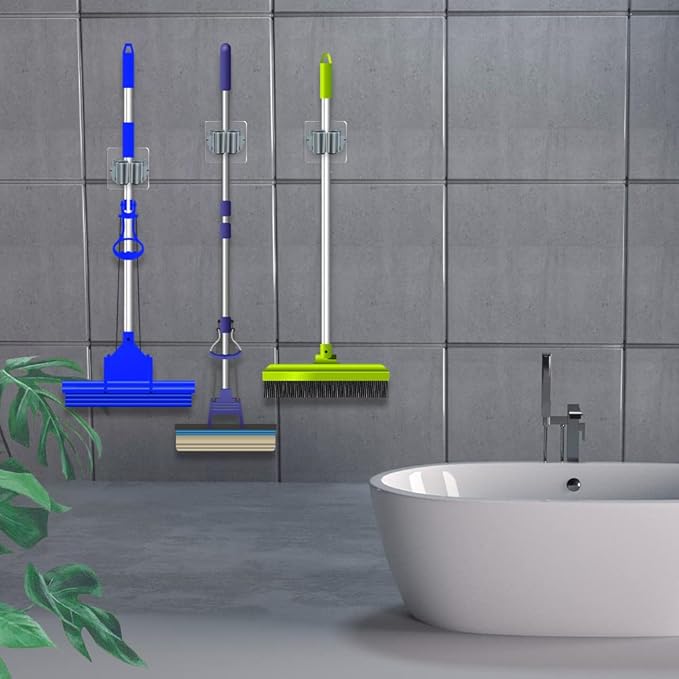 3-H 24-Pack Self Adhesive Broom Holder Wall Mount - Heavy Duty No Drill Broom Organizer for Garage Closet Kitchen, Plastic Storage Rack for Brooms Mops Tools, Peel and Stick Adhesive