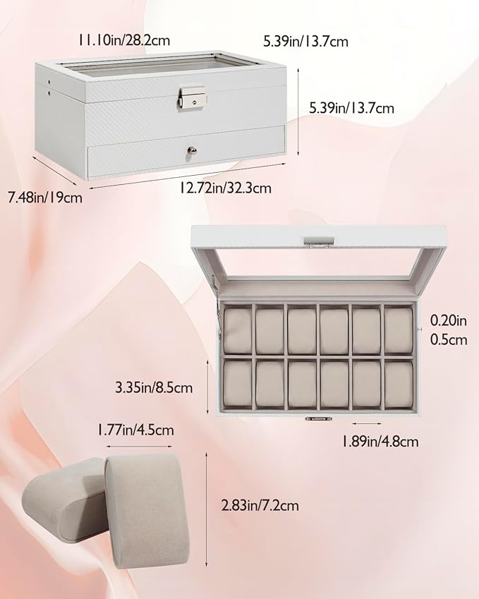 GUKA Watch Box, 12 Slot Watch Case, Watch Cases for men with Real Glass Lid, Synthetic Leather Watch Organizer storage with Jewelry Case, Birthday for Men and Women, White, GK-012-WTC
