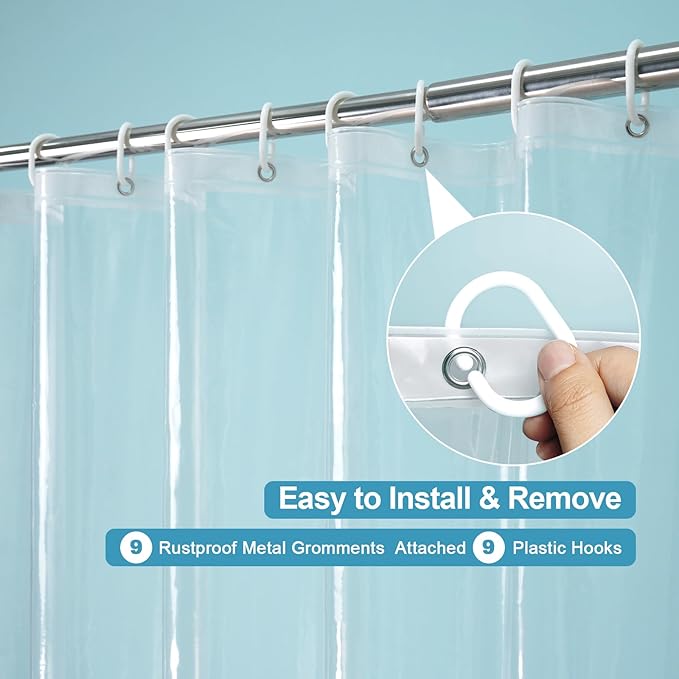 EurCross Stall Clear Shower Curtain Liner with Hooks and 5 Magnet Weights, Heavy Duty Waterproof Premium 9G PEVA Transparent Plastic Stall Shower Curtain 54 x72 inch, 9 Metal Grommets