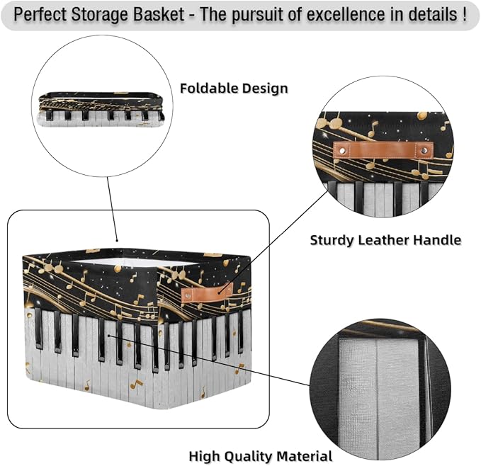 Music Notes Storage Basket for Shelves, Storage Bins with Handles, Collapsible Basket for Organizing, Closet Toy Baskets for Nursery Room, 15x11x9.5 in, Canvas, Musical Piano