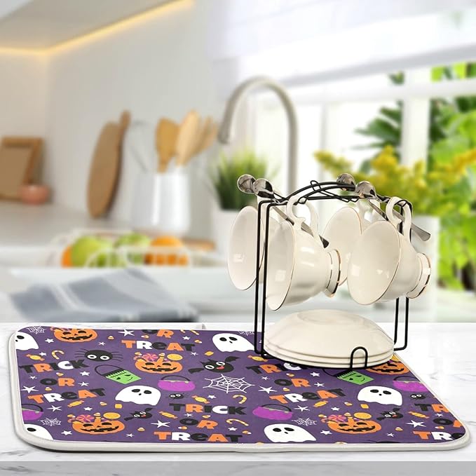 Happy Halloween Purple Pumpkin Fall Dish Drying Mat 18x24 for Kitchen Counter Trick or Treat Spooky Ghost Reversible Dishes Draining Mats Large Absorbent Fast Dry Pad Halloween Accessories