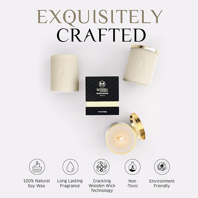 MyrrhUSA Vanilla Almond Scented Candle – 15 oz Natural Soy Wax with Crackling Wooden Wick & Essential Oil | 80 Hour Burn | Luxury Aromatherapy Candle for Relaxation, Home Décor, Living Room & Bathroom