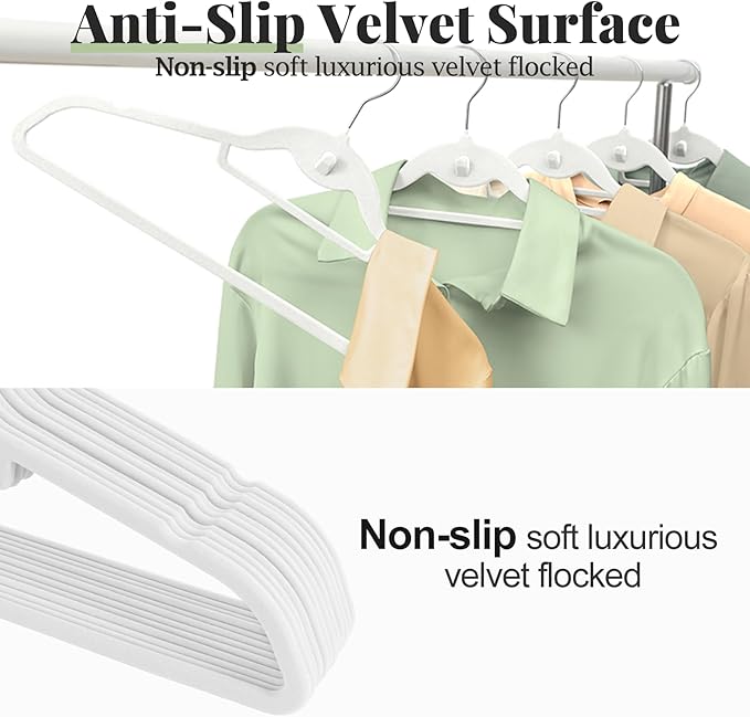UEAKPIC Velvet Felt Stackable Hangers 50 Pack, Non Slip, with 360°Swivel Hook, Ultra Thin and Space Saving for Suits, Shirts, Coats, 15Lbs Capacity Heavy Duty, White