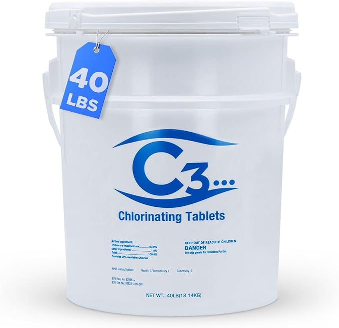 C3… 40 lbs. 3" Stabilized Chlorine Tabs for Swimming Pools | Easy to Use for Above Ground or Inground Pool | Slow Dissolving Individual Chlorinating Tablets | 40 Pound Bucket