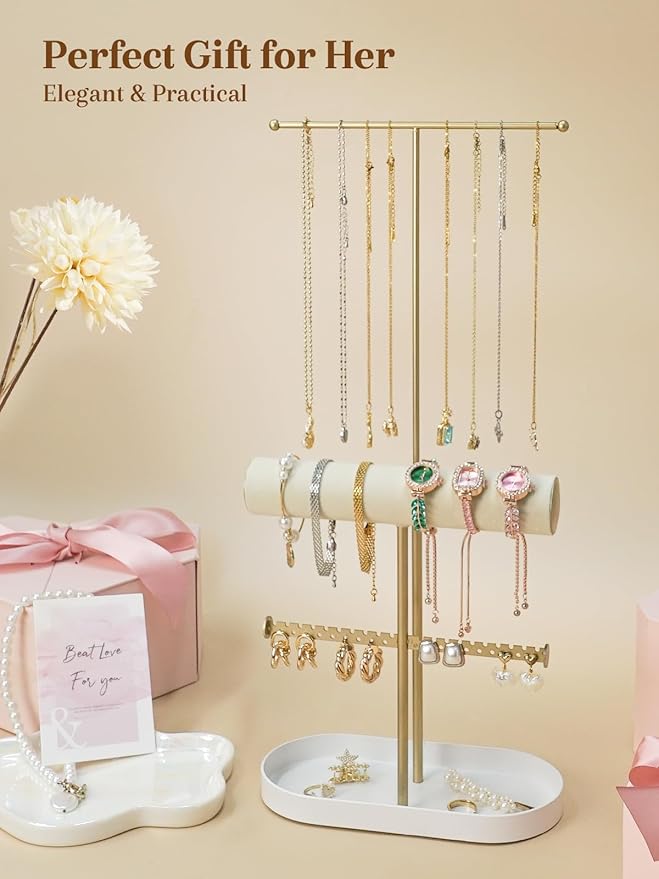Jenseits 2-Tier Gold Jewelry Organizer Stand with Ring Holder & Tray – Elegant Jewelry Holder Display for Necklaces, Bracelets, Earrings, Rings, and Watches – Perfect Storage Rack & Gift for Women