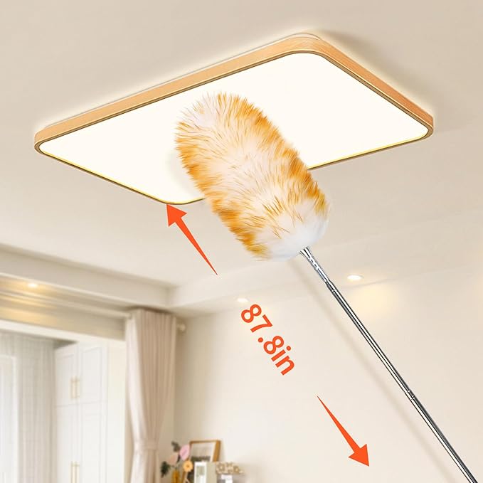 FeelfunFeather Feathers Duster,Long Telescoping Lambswool Dusters with Stainless Steel Extension Pole Up to 87.8" for Cleaning High Ceiling Fan, High Ceilings,Furniture,Hard to Reach Areas