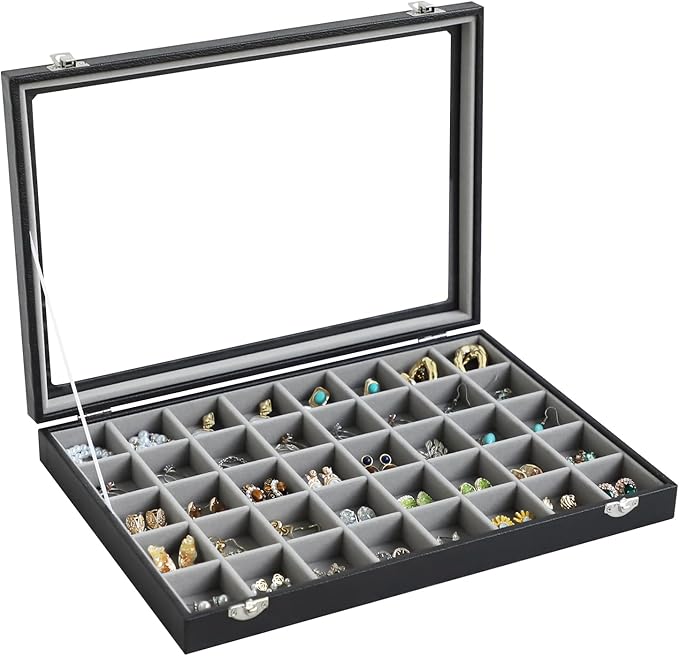 Stratalife Jewelry Organizer 40 Grid Gray Black Jewelry Tray with Clear Dust-proof Lid Velvet Earring Organizer Necklace Rings Holder Display Drawer Storage Case for Women
