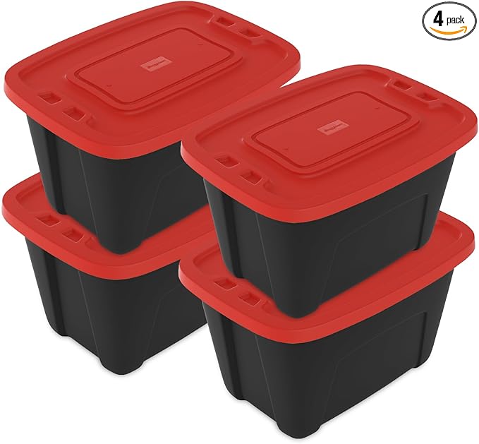 4-Pack Christmas Storage Bins with Lids - Made in USA 18-Gallon(72-Quart)Red Storage Totes,Holiday Organizer,Plastic Stackable Large Storage Boxes for Home,Office,Garage,Basement Red/Black