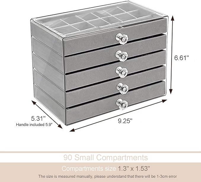 SPAKOWN Earring Box Holder Organizer Display Case, Clear Velvet Jewelry Storage Tray Organizer for Earring Ring Stud (Grey - 5 Drawers)