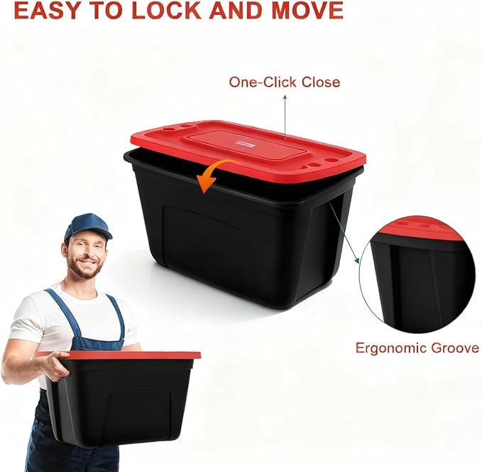4-Pack Christmas Storage Bins with Lids - Made in USA 18-Gallon(72-Quart)Red Storage Totes,Holiday Organizer,Plastic Stackable Large Storage Boxes for Home,Office,Garage,Basement Red/Black