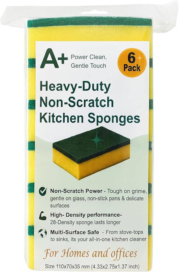 A Plus Kitchen Cleaning Sponge,Heavy Duty,Non-Scratch,High Density and for Multi-Surface Use (Homes & Offices) - 6 Pack (Yellow/Green)