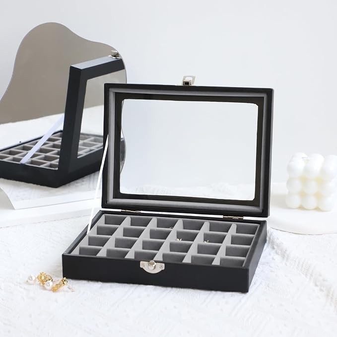 Wudygirl Small Jewelry Organizer Ring Box Velvet Jewelry Box Earring Organizer with Clear Lid Jewelry Tray for Women Girls Jewelry Display Case Drawer Inserts 24 Grid (Gray)
