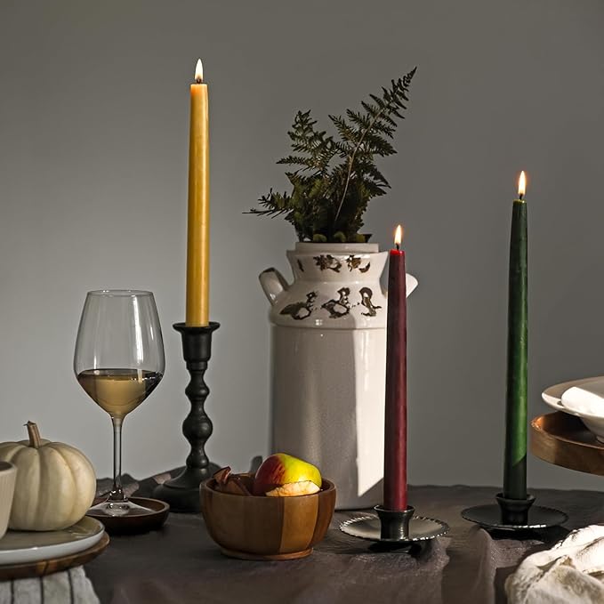 Bluecorn Beeswax Taper Candles, 100% Pure Natural Bees Wax, 8 Inch Pair, Grey Candlesticks, Unscented, Clean Burning & Dripless, Long Lasting, Thanksgiving & Christmas Decor, American Made, 1 Count