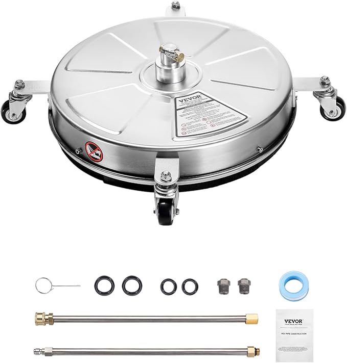 VEVOR 18" Pressure Washer Surface Cleaner, Stainless Steel Pressure Washer Attachments with 4 Wheels, 4000 Max PSI, 1/4 Quick Connector, 2 Spray Nozzles, 2 Extended Wands for Concrete, Patio, Deck