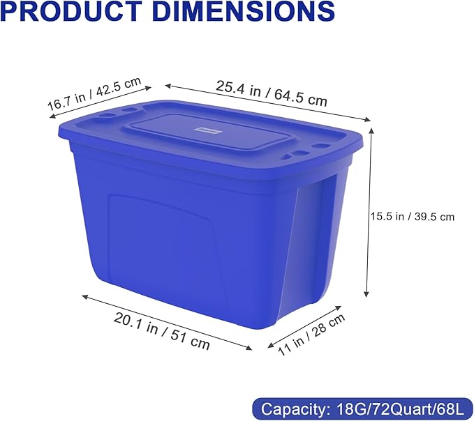 Storage Bins with Lids - Made in USA 18-Gallon (72-Quart) 4-Pack Storage Totes with Lids, Plastic Stackable Containers Large Storage Boxes for Home and Office Organization Blue/Blue
