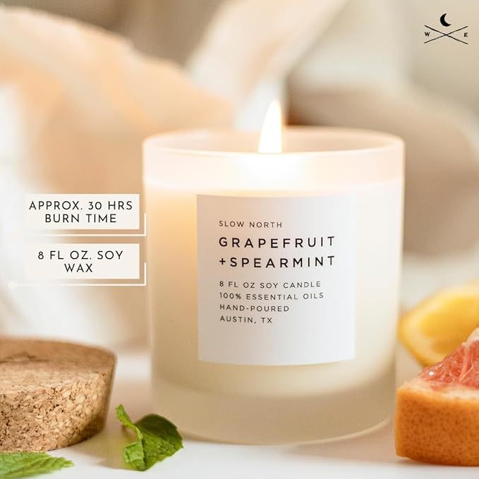 Slow North Grapefruit + Spearmint - Essential Oils and Pure Soy Wax Candle in a Reusable Frosted Glass Jar - Scented Candle Hand-Poured in The USA (8 oz)