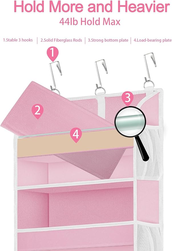 TAHAVICE Pink Over the Door Organizer - 5-Tier Hanging Storage with Clear PVC Windows & 10 Mesh Pockets, Cute Closet Organizer for Makeup, Perfume, Toys, Perfect Pink Room Decor for Girl