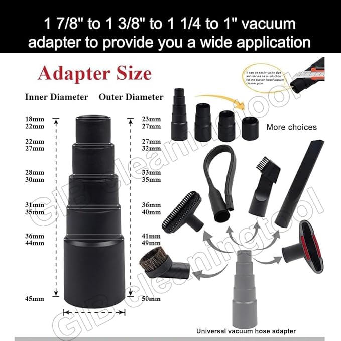 9 Pcs Universal Vacuum Attachments for Shop Vac Accessories with 2 1/2" to 1 1/4" & 1 7/8" to 1" Adapter for Shop Vac, 1 1/4" Brush Attachment Flexible Crevice Tool for Home and Car Interiors Cleaning