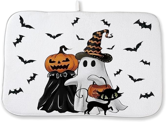 Halloween Dish Drying Mat 18 x 24 Inch Ghost Spooky Jack-O'-Lantern Pumpkin Drying Mat for Kitchen Counter Absorbent Black Cat Bats Dishes Dry Pad for Drainer Rack Kitchen Fast Dry