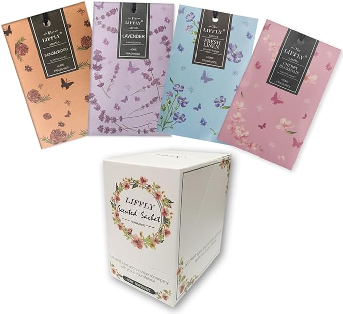 LIFFLY 14 Packs Scented Sachets for Drawers and Closets Lavender Fresh Linen Sandalwood Cherry Blossoms 4 Different Scent