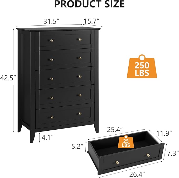 Modern 5 Drawers Dresser for Bedroom, Tall Wood Chest of Drawers for Clothes, Big Storage Dressers Organizer with Gold Handles & Deep Drawers, Living Room, Closet, Hallway, Black