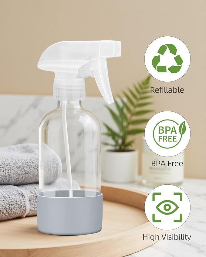 Worldgsb 2 Pack Glass Spray Bottles 8 oz, Empty Refillable Containers with Silicone Sleeve Protection, Glass Spray Bottles for Cleaning Solutions, Hair and Plants with Adjustable Nozzles Blue&Grey