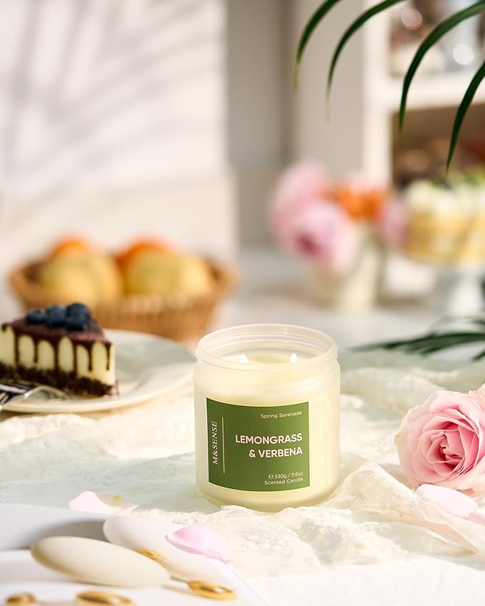 M&SENSE Lemongrass Verbena Scented 11.6oz 70 Hours Burn Non Toxic Natural Soy Wax Long Lasting Summer Scented Candle for Home Decor Aromatherapy Best Smelling Gifts for Him
