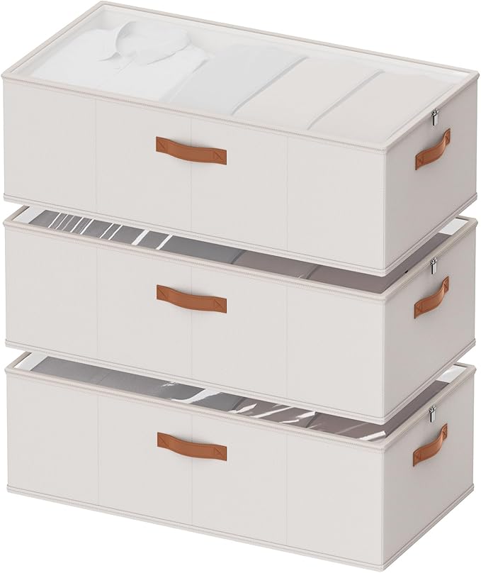 Chizjox 10inch 3 Pack Under Bed Storage Containers, 10 Inch Tall Underbed Clothes Storage Organizer Bin with Clear Window，Foldable Box Basket for Clothes, Closet, Bed Sheets and Blankets White