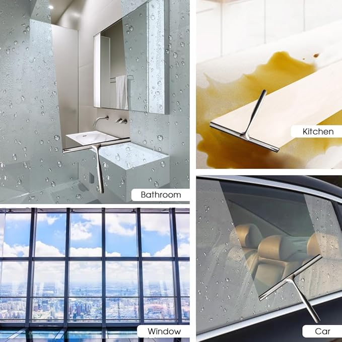 Shower Squeegee for Glass Doors Stainless Steel with Self Adhesive Hook Window Squeegee for Shower Door Bathroom Mirror Wiper, Window Glass Cleaning