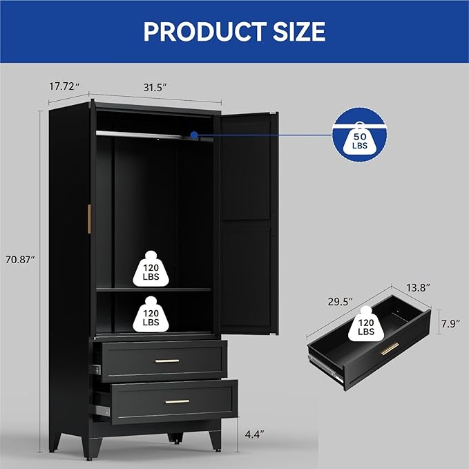 COFaR Metal Armoire Wardrobe Closet with Drawers, 71'' Tall Farmhouse Bedroom Armoires with Doors, Freestanding Steel Wardrobe Garage Closet for Bedroom Home Office Garage, Black