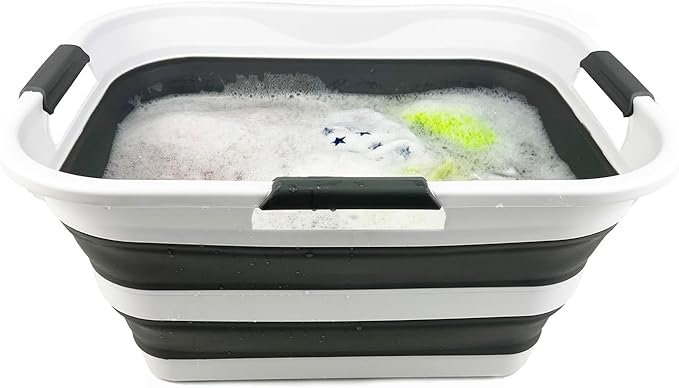 SAMMART 30L (8 gallons) Collapsible Plastic Laundry Washing Tub/Basket - Portable Laundry Hamper/Storage Container Foldable Laundry Basket - Space Saving (White/Steel Grey (Set of 2))
