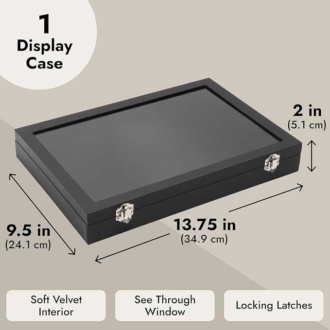 Juvale Black Velvet Jewelry Display Case Tray - 13.75 x 9.5 x 2 In - Glass Top Jewelry Box & Organizer