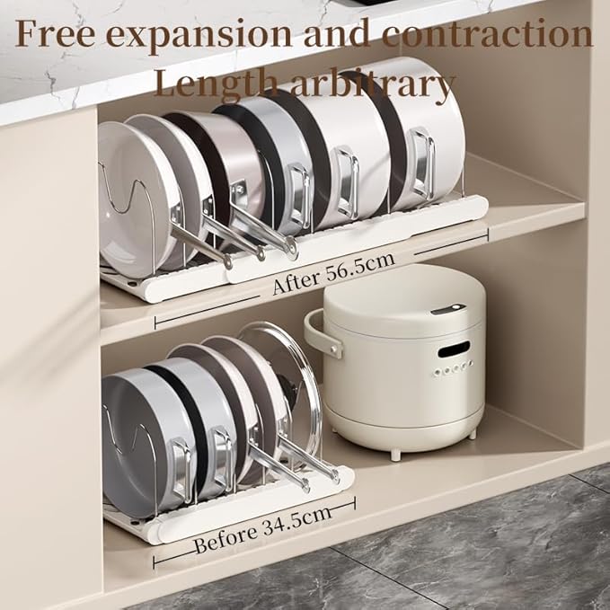 Lhieiayh Pot Rack -Expandable Pan Organizer for Cabinet,Pot Lid Holder with 7 Adjustable Compartment for Kitchen Cabinet Cookware Baking Frying Rack,2Pack,Apricot
