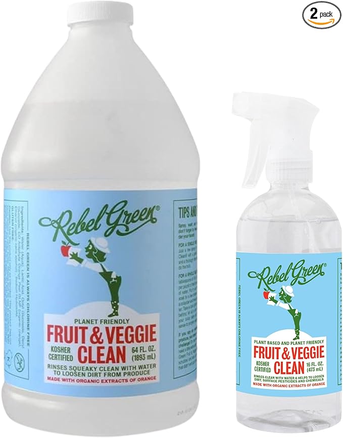Rebel Green Fruit & Veggie Clean - Plant-Based Produce Cleaner - Natural Fruit & Vegetable Wash with No Aftertaste - Dirt & Wax Removal - 16 Fluid Ounces Bottle & 64 Fluid Ounces Bottle