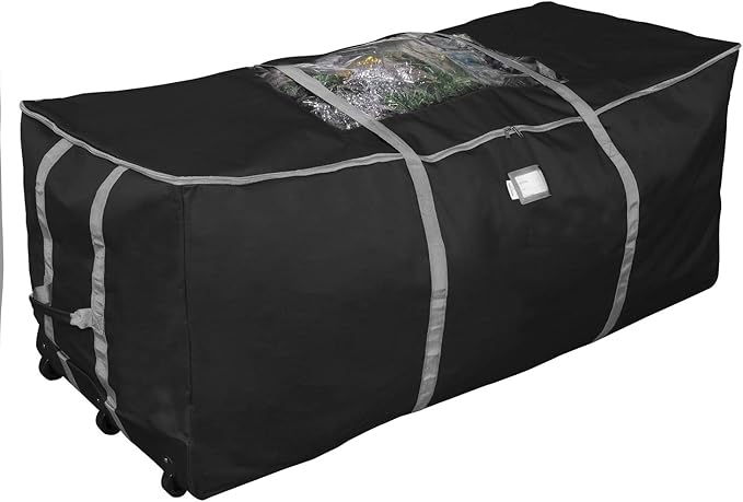 ProPik Rolling Christmas Tree Storage Bag, Fits Up to 9 Foot Tall Disassembled Trees, 25" X 25" X 60", Extra Large Heavy Duty Xmas Container with Wheels, Handles and Straps (Black)