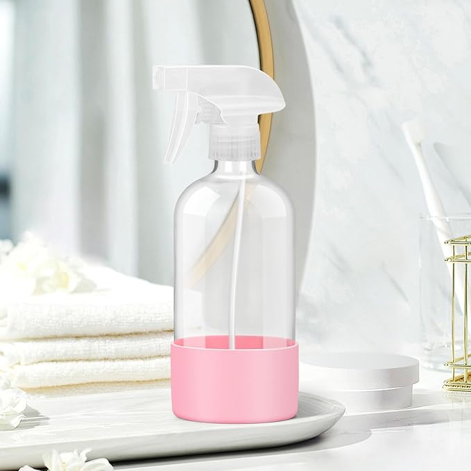 Rionisor Glass Spray Bottles with Silicone Sleeve Protection, Empty 16 oz Refillable Containers, Reusable Spray Bottles with Adjustable Nozzle for Hair, Cleaning Solutions, 3 Pack Pink