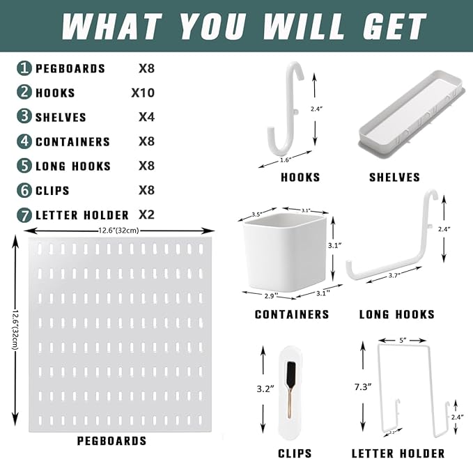 RIVTUN Wall-Mounted Pegboard Kit, 50.4" x 25.2" Organizer Panel – Large, Cost-Effective & Nail-Free Installation White