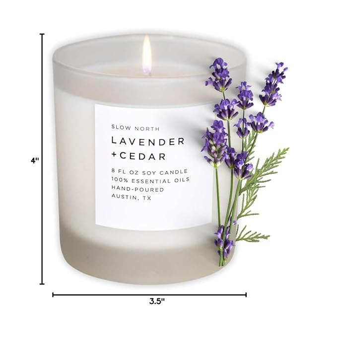 Slow North Lavender + Cedar Candle - Essential Oils and Pure Soy Wax Candle in a Reusable Frosted Glass Jar - A Unique Scented Candle Hand-Poured in The USA (8 oz)