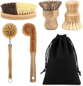 Vankcp 5 Pack Natural Bamboo Cleaning Brush Set, Pot Dish Scrub Brush with Handle and Flannel Bag Kitchen Brushes for Cast Iron Pots, Pans, Vegetable and Kitchen Cleaning