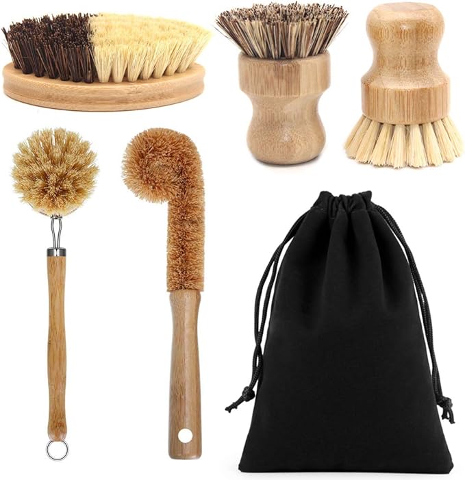 Vankcp 5 Pack Natural Bamboo Cleaning Brush Set, Pot Dish Scrub Brush with Handle and Flannel Bag Kitchen Brushes for Cast Iron Pots, Pans, Vegetable and Kitchen Cleaning